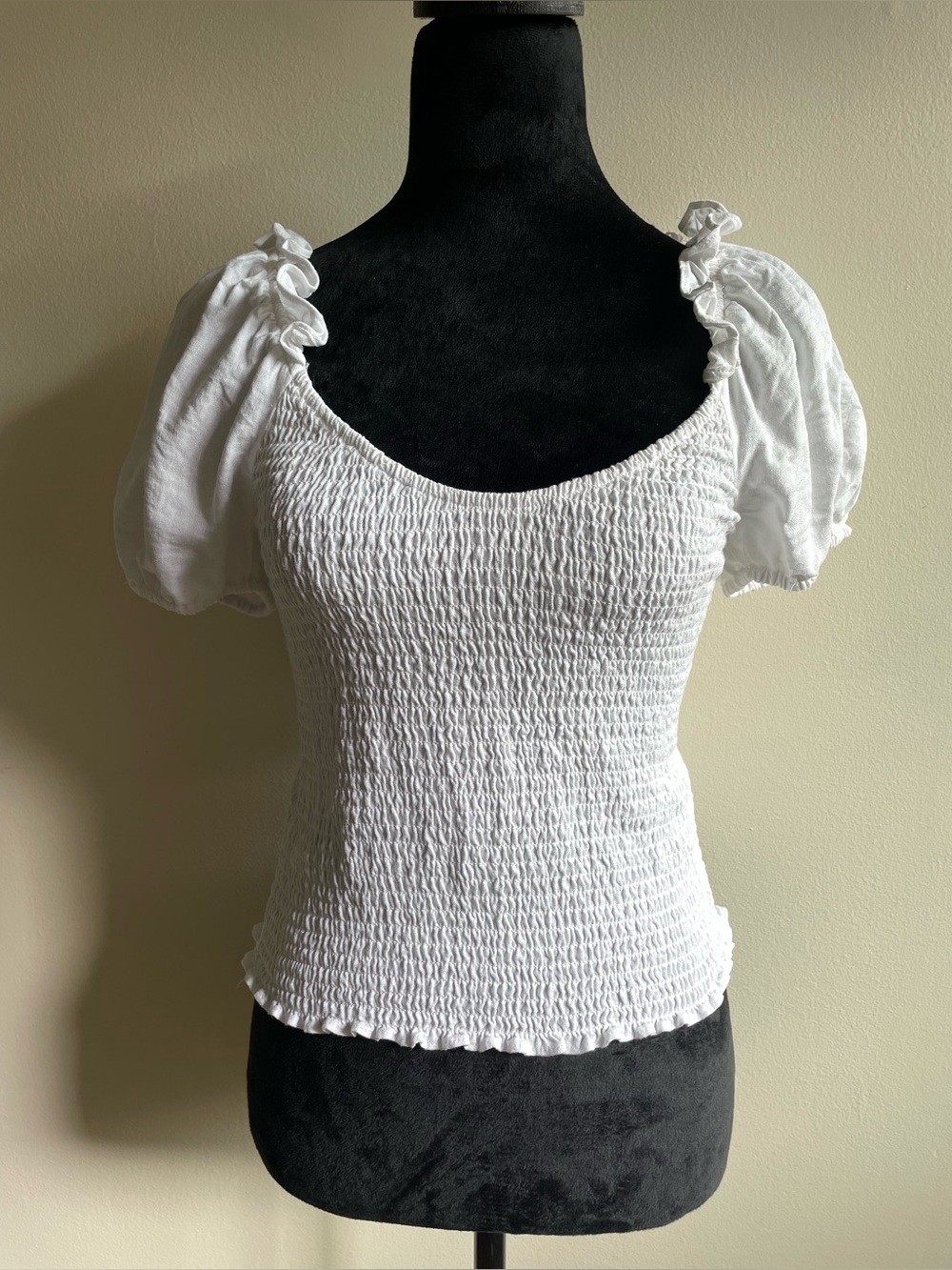 Dynamite Smocked Linen Blend Blouse White Puff Sleeve Cottagecore